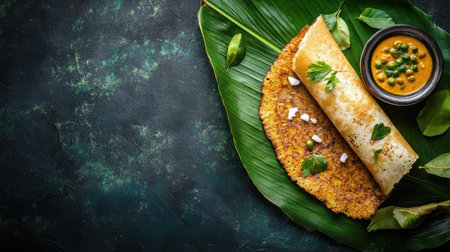 Ghee roast dosa served with sambar and coconut chutney on a banana leaf. Top view with copy space.の素材
