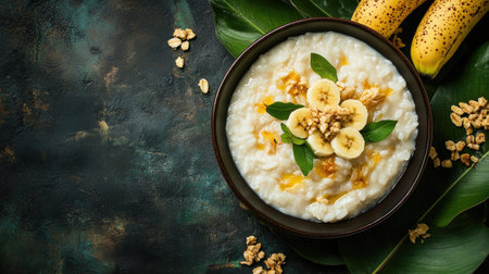 Milk rice served with banana and lunu miris, a Sri Lankan breakfast dish. Top view with copy space.の素材