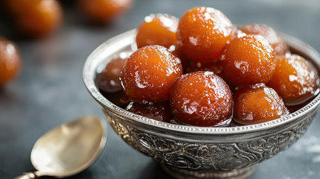 Gulab Jamun soaked in syrup, served in a silver bowl. Copy space available.の素材