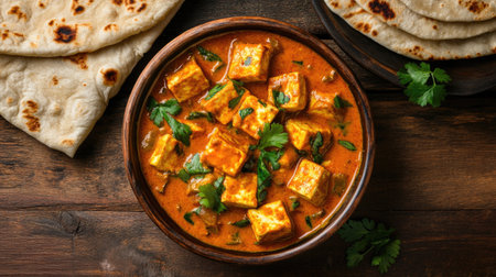 Paneer Butter Masala Curry served in a traditional bowl with naan. Top view with copy space.の素材