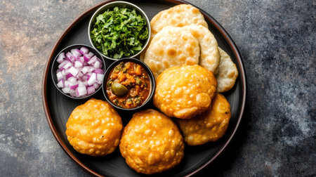 Chole Bature with pickles, onions, and chutney on a plate. Top view with copy space.の素材