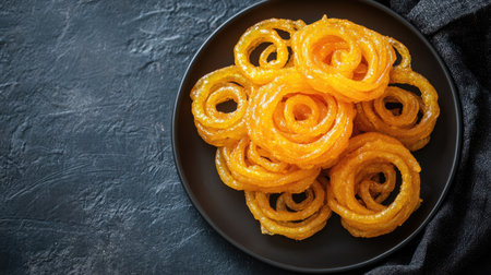 Golden Jalebi stacked on a plate, ready to serve. Top view with copy space.の素材