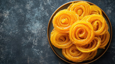 Golden Jalebi stacked on a plate, ready to serve. Top view with copy space.の素材