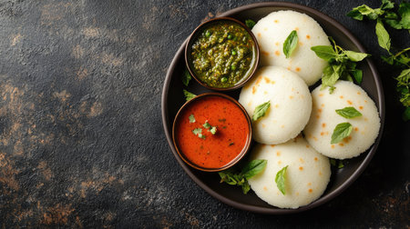 Masala idli served with chutney and sambar, a South Indian breakfast delicacy. Top view with copy space.の素材