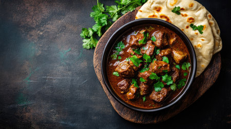 Mutton Curry served with naan and garnished with fresh herbs. Top view with copy space.の素材
