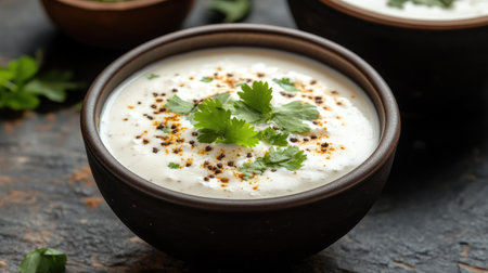 Refreshing Raita in a bowl, garnished with cumin seeds and coriander. Copy space available.の素材