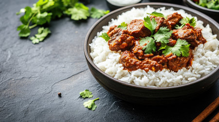 Mutton Vindaloo served with steamed rice and garnished with cilantro. Copy space available.の素材