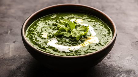 Palak Paneer served in a bowl, garnished with cream and coriander. Copy space available.の素材