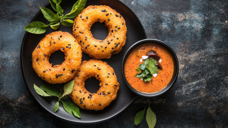 Medu vada served with a side of sambar and coconut chutney. Top view with copy space.の素材