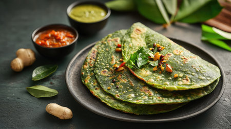 Pesarattu served with ginger chutney and sambar, a traditional breakfast dish. Copy space available.の素材