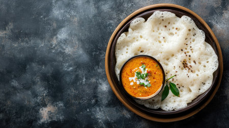 Soft idiyappam served with coconut milk and a side of spicy curry. Top view with copy space.の素材