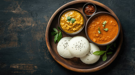 Top view of a traditional South Indian breakfast with idli, sambar, and chutney. Copy space available.の素材