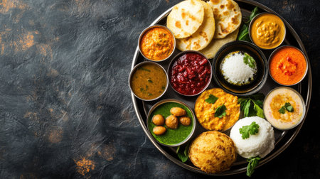 South Indian tiffin platter with idli, dosa, vada, and chutneys. Top view with copy space.の素材
