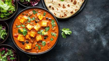 Paneer Butter Masala Curry with naan and a side of salad. Top view with copy space.の素材
