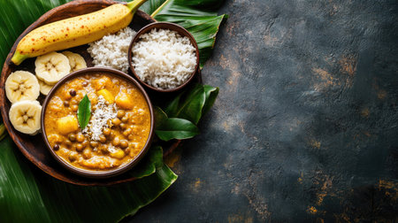 Puttu with banana and kadala curry, a popular Sri Lankan breakfast. Copy space available.の素材