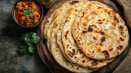 Sri Lankan coconut roti served with spicy sambol and curry. Copy space available.の素材