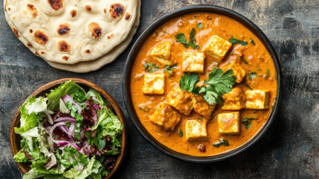 Paneer Butter Masala Curry with naan and a side of salad. Top view with copy space.の素材