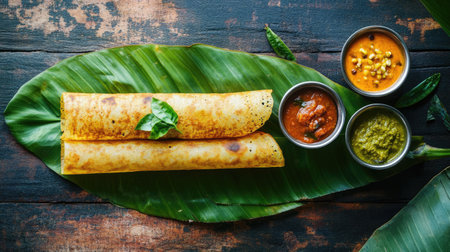 Plain dosa served with a trio of chutneys and sambar on a banana leaf. Copy space available.の素材