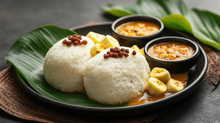 Puttu with banana and kadala curry, a popular Sri Lankan breakfast. Copy space available.の素材