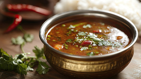 Spicy Rasam served in a traditional bowl with steamed rice. Copy space available.の素材