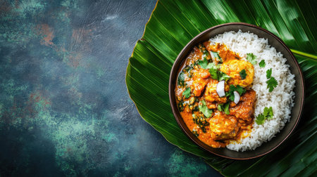 Sri Lankan hoppers served with coconut sambol and curry on a banana leaf. Top view with copy space.の素材