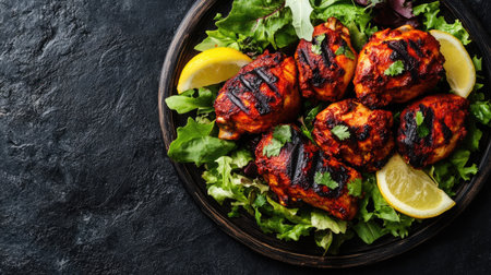 Tandoori Chicken with salad and lemon wedges, served on a platter. Copy space available.の素材