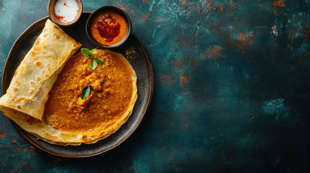 Thosai with dhal curry and coconut sambol, a staple Sri Lankan breakfast. Copy space available.の素材