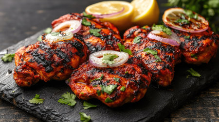 Tandoori Chicken grilled to perfection, garnished with onions and lemon. Copy space available.の素材