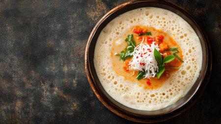 Soft idiyappam served with coconut milk and a side of spicy curry. Top view with copy space.の素材