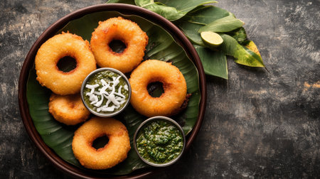 Vada served with coconut chutney and sambar on a traditional plate. Top view with copy space.の素材