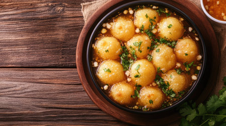 Top view of Pani Puri served with spicy and tangy water on a wooden background. Copy space available.の素材