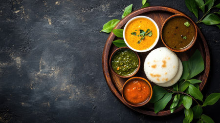 Top view of a traditional South Indian breakfast with idli, sambar, and chutney. Copy space available.の素材
