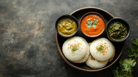 Top view of a traditional South Indian breakfast with idli, sambar, and chutney. Copy space available.の素材