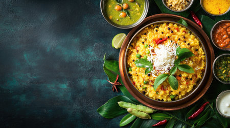 Ven pongal served with sambar and coconut chutney, a hearty breakfast dish. Top view with copy space.の素材