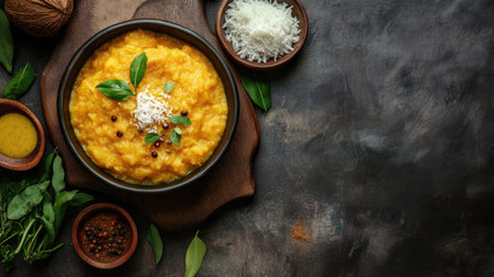 Ven pongal served with sambar and coconut chutney, a hearty breakfast dish. Top view with copy space.の素材