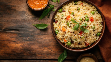 Upma served with chutney and sambar on a rustic wooden table. Top view with copy space.の素材