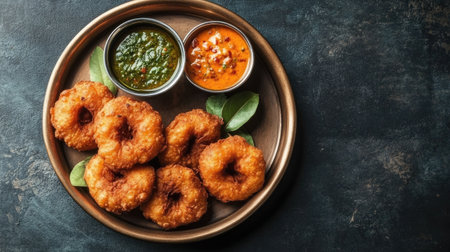 Vada served with coconut chutney and sambar on a traditional plate. Top view with copy space.の素材