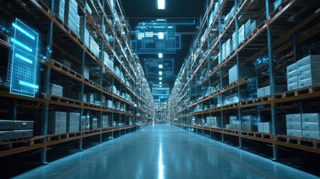 Warehouse shelves and digital inventory system interface with ample copy space, highlighting electronic management.の素材