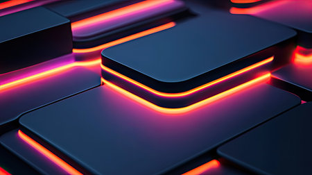 Abstract 3D layers with glowing edges on a dark background, dynamic design with clear copy space.の素材