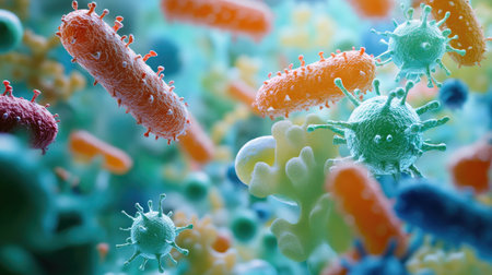 Close-up of germs with clear area for educational contentの素材