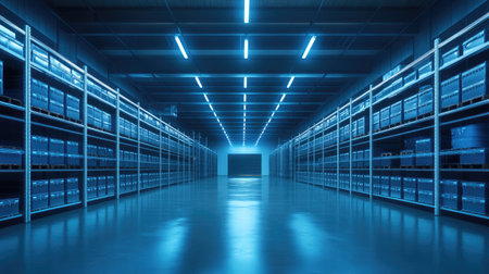 Electronic inventory system monitoring stock levels in a modern warehouse, with copy space, no people.の素材