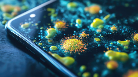 Germs on a smartphone screen with visible copy spaceの素材