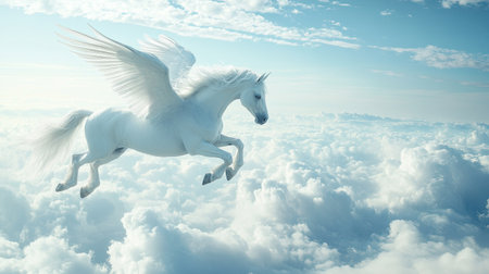 Graceful Pegasus flying above the clouds, white wings gliding through the air, with plenty of room for copy space.の素材