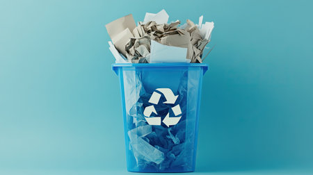 A clear blue recycling bin filled with paper, space for copy promoting eco-consciousness.の素材