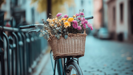 A bicycle with a basket of flowers parked in an urban setting, space for eco-friendly messaging.の素材