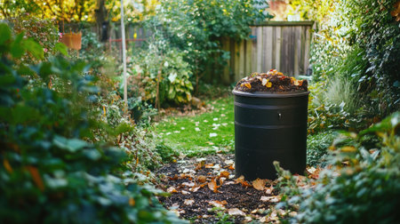 A compost bin in a backyard garden with space for a sustainability-themed message.の素材