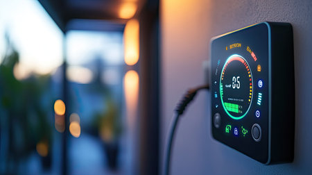 A digital smart meter displaying energy usage with space for sustainability text.の素材