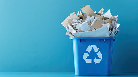 A clear blue recycling bin filled with paper, space for copy promoting eco-consciousness.の素材
