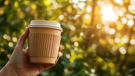 A hand holding a reusable coffee cup outdoors with space for eco-friendly messaging.の素材