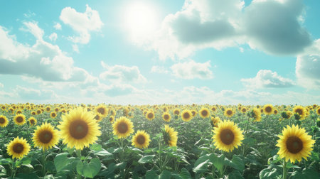 A field of sunflowers under a bright sky, symbolizing environmental sustainability, space for copy.の素材